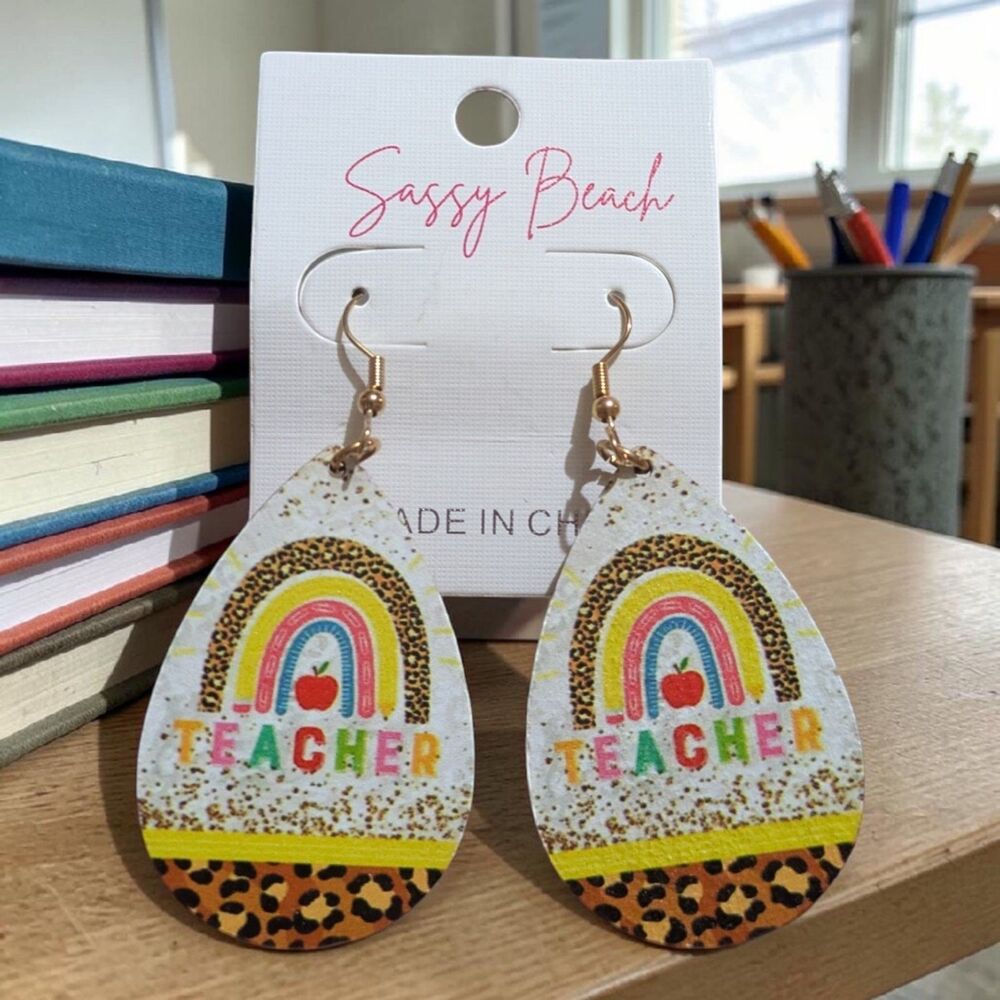 Teacher Rainbow Teardrop Earrings, Leopard Print Teacher Earrings, Boho Teacher